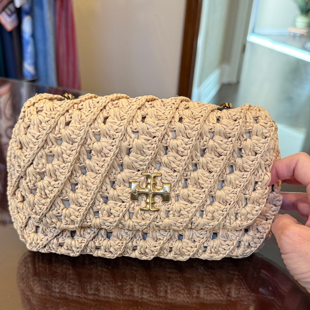 Tory Burch Cream Crochet Crossbody with Gold Logo